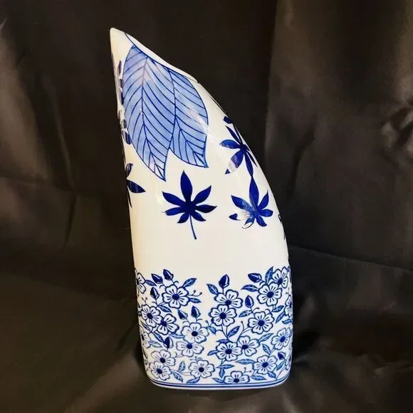 14.5” Tall Blue White Chinoiserie Floral Flower Leaf Porcelain Vase Unique Form